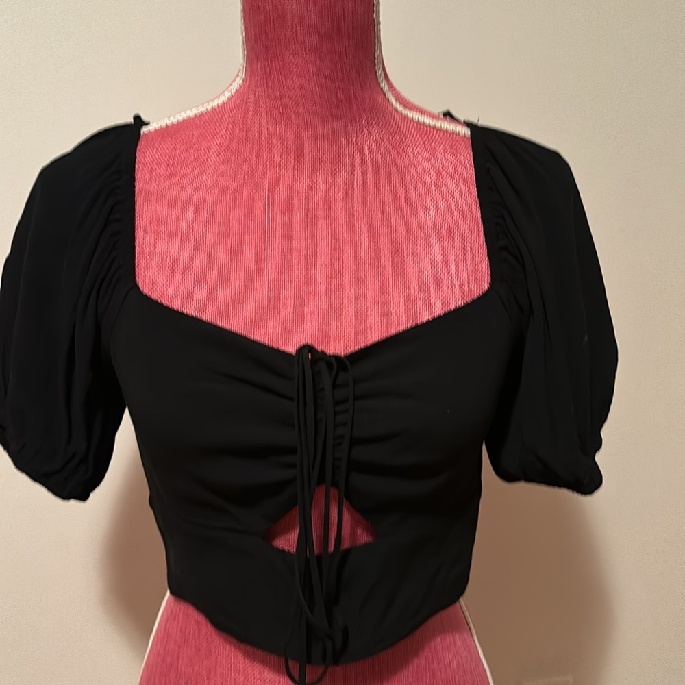 Elodie Black Crop Top with Tie Front and Long Sleeves size M
